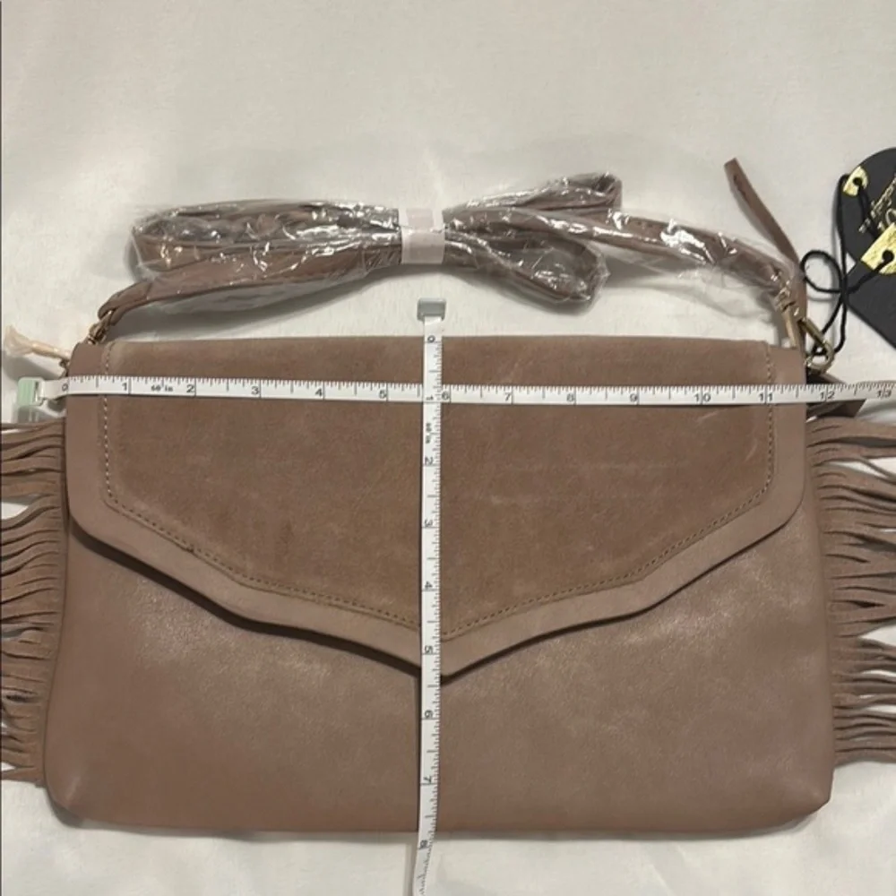 Moda Luxe “Natural Solstice” Taupe Suede & Faux-Leather Fringe Crossbody Bag NWT